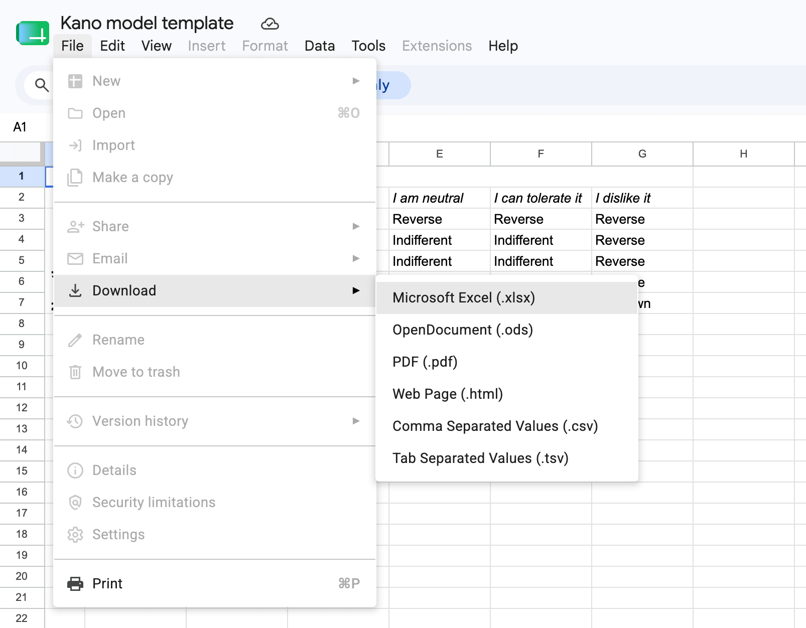 Screenshot showing how to download the Kano model template
