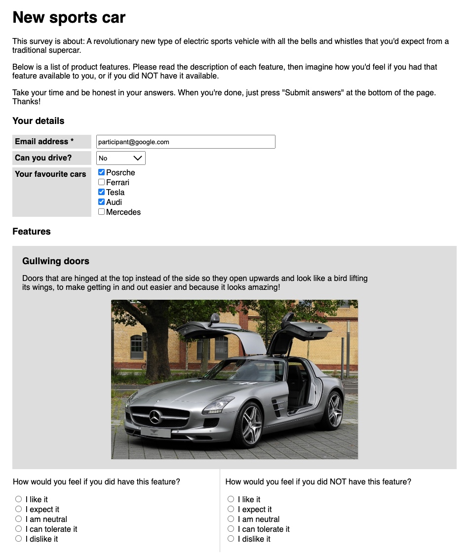 Screenshot of an example Kano survey