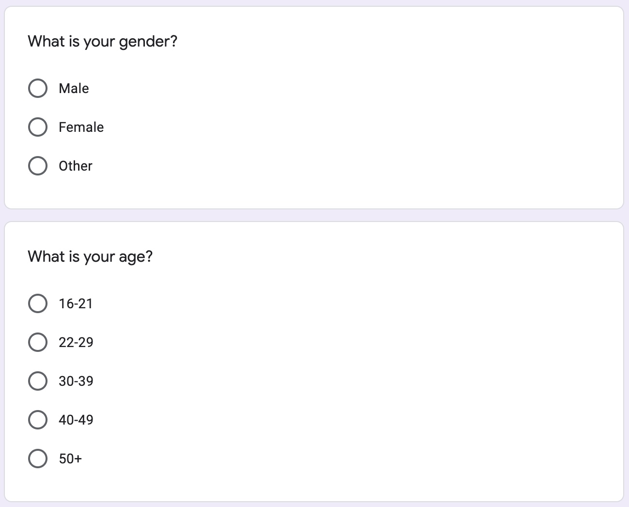 Example demographic questions in Kano model survey